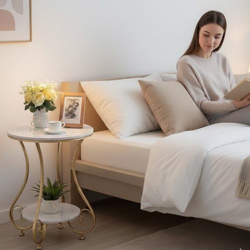 Image of Modern Marble Top Side Table with Metal Frame | Round End Table for Living Room & Bedroom (White Gold)