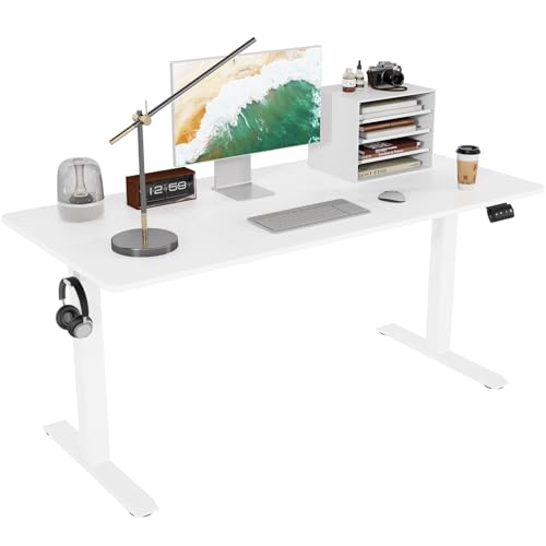 TRIUMPHKEY Mesa elevable 140x60cm, Standing Desk, Escritorio Elevable Eléctrico con 2 Alturas de Memoria,Agujero Pasante, Escritorio de Altura Ajustable 71-119cm Blanco
