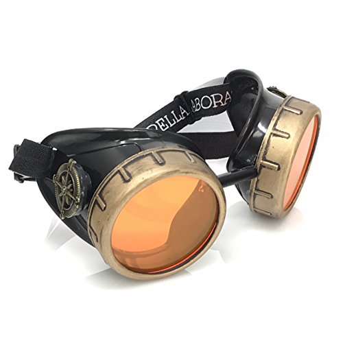 UMBRELLALABORATORY Steampunk Victorian Style Goggles with Compass Design and Neon Orange Lenses