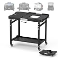 SafBbcue Grill Table for Ninja, Grill Stand for Ninja Woodfire OG700 OG800 OG900 Series & OO101, Portable Outdoor Grill Stand, Foldable Cart Table with Wheels for Ninja, Double-shelf, Hooks