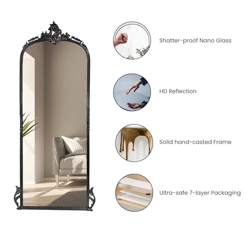 Image of Gharaana Victorian Arched Full-Length Mirror for Living Room, Full-Length Mirror for Bedroom | Standing Mirror | Bold Black