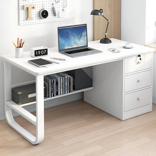 Escritorio para el hogar, mesa de escritura moderna con cajones de 3 niveles, estante de almacenamiento, tablero de escritorio grande de 1,5 cm, escritorio de computadora (White,120 * 50 * 71)