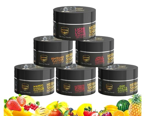 MUFASA Premium Herbal Hookah Shisha Flavors, Fruit Crush Combo Best of Fruity Flavors (100% Nicotine and Tobacco Free) Pack of 6 Fruitilicious Flavors, 50G Each Nicotine Free Fruits Mix Herbal Hookah