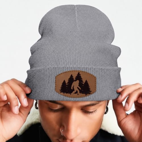 Image of Big Foot Beanie Hat, Sasquatch Leather Patch Winter Knit Skull Cap Bigfoot Gifts for Adult Men Women