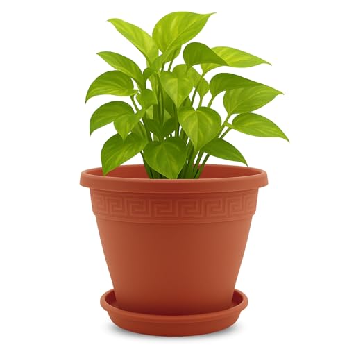 Macetero con Plato, Maceta Redonda clásica de plástico con Plato, Tiesto para Plantas, Fabricado en Polipropileno, 33 cm Altura x 42 cm Diámetro Superior x 23 cm Diámetro Base, Terracota