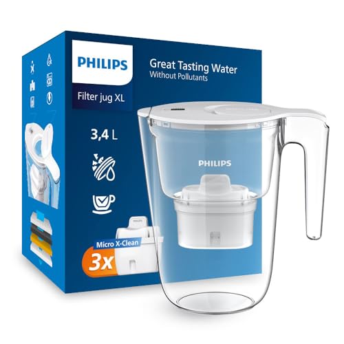 Philips Water XL Filter Jug +3 Taste+ Replacement Filter Cartridges Fast flow White 3.4 litres Electronic timer