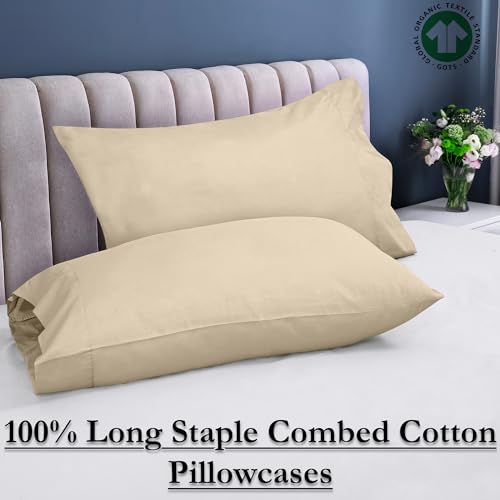 Image of ROYALE LINENS 300 Thread Count 100% Long Staple Combed Cotton Pillowcases Set of 2 - Ultra Soft - Queen Bed Pillow Cover - 20 inchx30 inch - Breathable, Cool & Crisp Percale Cream Pillow Cases (Queen, Cream)