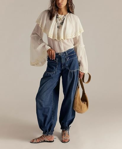 chouyatou Women's Boyfriend Baggy Lotus Jeans Y2k Barrel Jeans Drawstring Bottom Wide Leg Pleated Denim Pants3