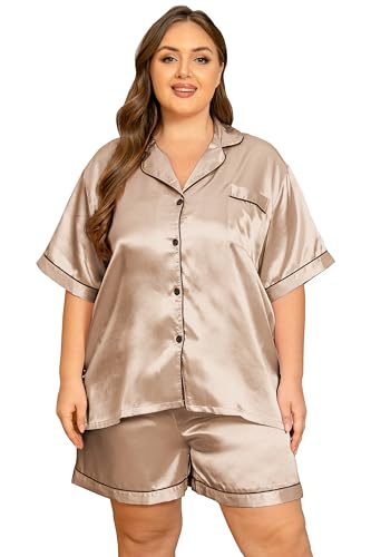 Image of Vozanet Women's Short Sleeve Satin Pajama Sets Silky Ladies Button Down Loungewear Plus Size Nighty Shorts Sets XL to 5XL