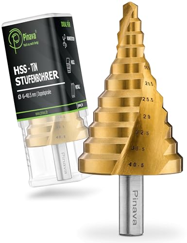 Pinava® Stufenbohrer HSS-TiN 2XSPIRAL Ø6-40.5mm [Für metrische Kabelverschraubungen] - Scharfer Kegelbohrer für Metall, Holz & Kunststoff - Schälbohrer, Konusbohrer, Blech Bohrer mit Doppelspirale