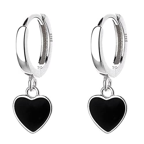 SLUYNZ Sterling Silver Black Heart Hoop Earrings for Women Teens Love Heart Hoop Earrings Huggie