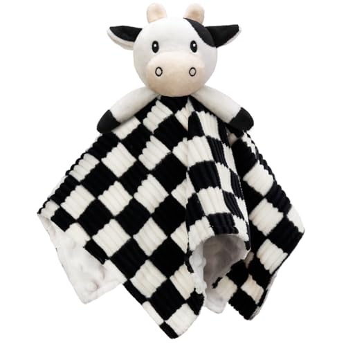 Image of BEILIMU Cow High Contrast Baby Security Blanket for Babies, Soft 3D Checkerboard Lovey with Minky Dot Fabric Backing, Newborn Boys and Girls Snuggle Stuffed Animal Blankie 14 Inch