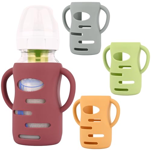 Image of HUAKENER 4 Pack Silicone Sleeves with Handles for Dr Brown Baby Bottles, Anti Breakage Baby Bottle Holder, Compatible Dr Brown Wide-Neck Baby Bottles 9 oz