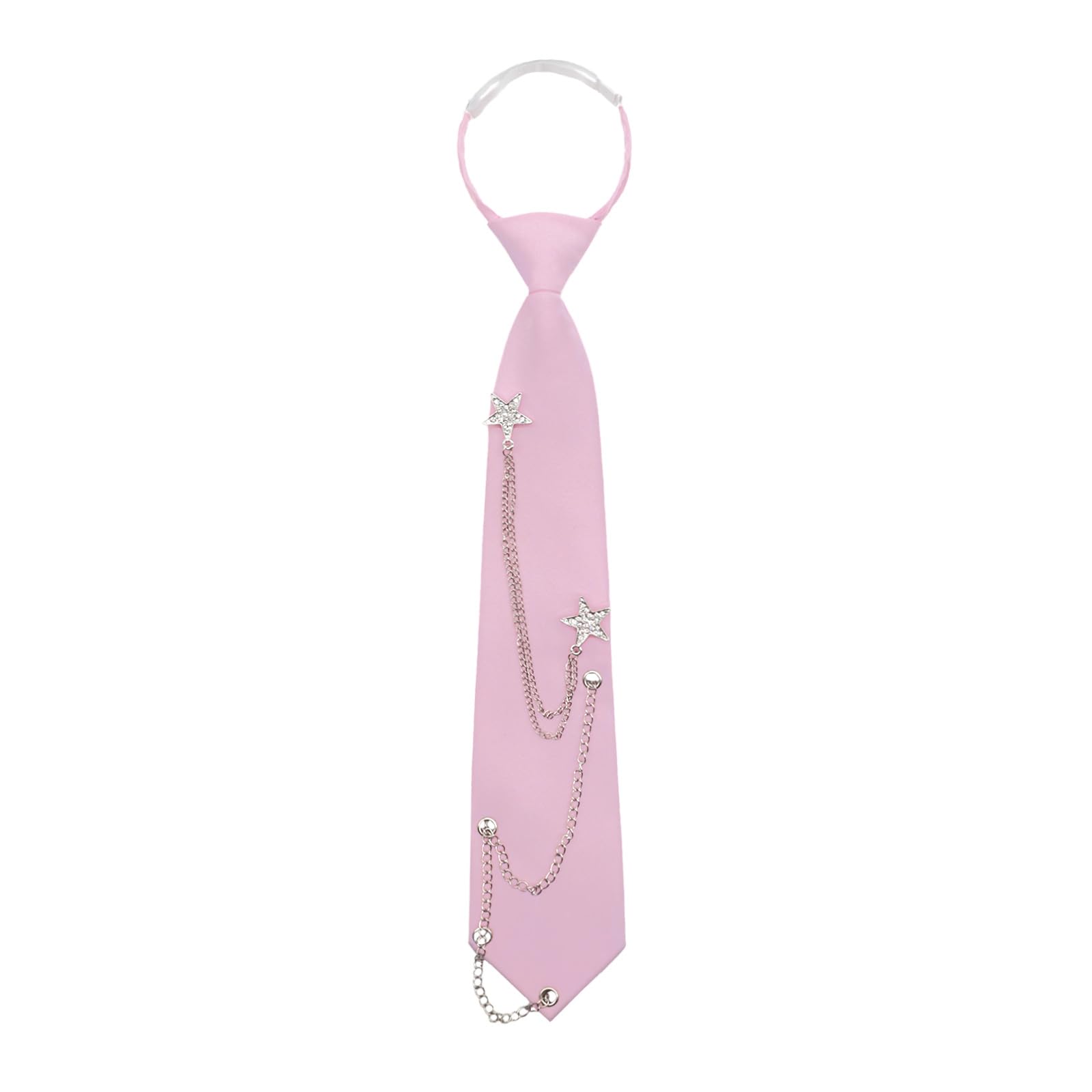 Mantieqingway Ties for Women Men, Punk Metal Chain Necktie Pre-Tied Adjustable Black Tie for Uniform, School, Shirt Accessory, Star Shape-silver-pink, Medium