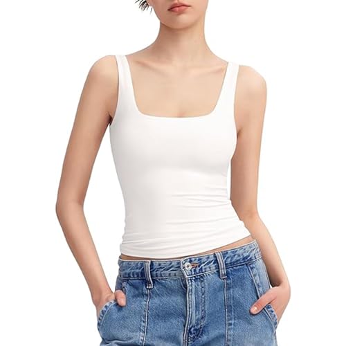 Consejos para Comprar Camisetas para Mujer , tabla con los diez mejores. 47 CXJYSD Camiseta Sin Mangas con Cuello Cuadrado para Mujer (MX/US, Alfa, Grande, Regular, Regular, Blanco)
