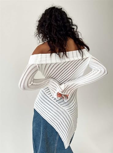 Image of Womens Off The Shoulder Sweater - Sexy Sheer Knit Relax Fitted Long Sleeve Asymmetrical Blouse Tops White M