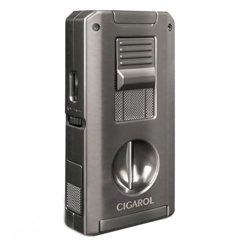 Cigarol 5-in-1 Zigarrenfeuerzeug mit Automatischer Doppelschere Perforator & Halter wiederbefüllbarem Flammen-Regulierung - Gunmetal