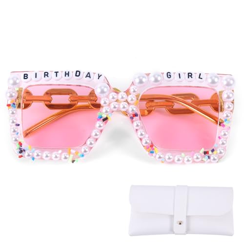 BOXOB Oversized Square Birthday Glasses, 5.7x2.3 Inch Happy Birthday Pearl Glasses Elegant Sunglasses Gift for Women Party Favors