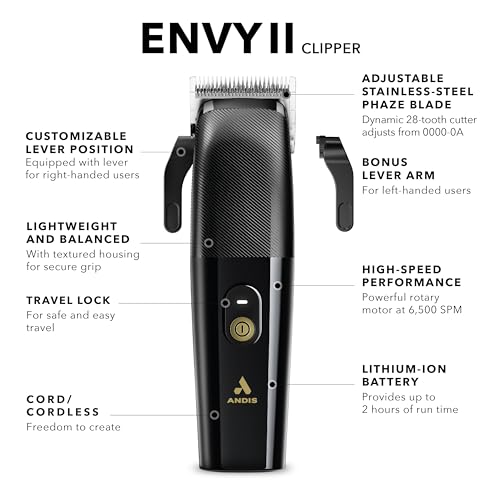 Andis Envy II Cordless Clipper, Professional Lithium-ion Electric Beard & Hair Clipper, Phaze Blade, Cordless, Black - image 3