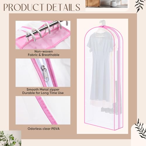 Chunful 60" Clear Garment Bags for Hanging Clothes 4-Pack Dust-Proof Closet Storage Covers with 10" Gusseted Design & Smooth Zipper for Dresses, Coats, Suits, Women's Home Organization (Pink)3