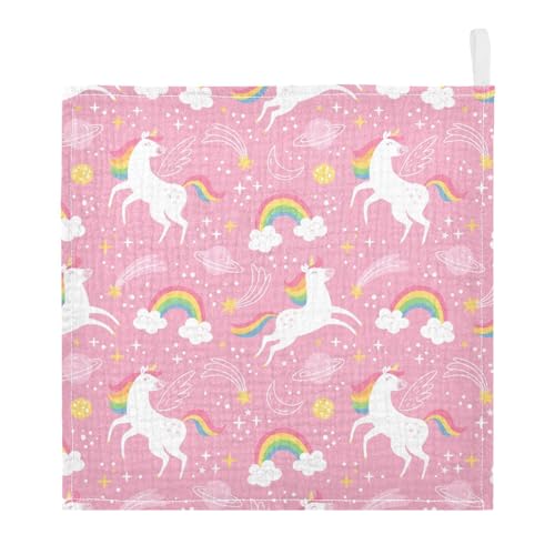 Image of vvfelixl White Unicorn Rainbow Star Baby Burp Cloths Baby Muslin Washcloths for Boys Girls Cotton Baby Face Towel for Newborn Infants Soft and Absorbent 11.8 X 11.8 in, 5 Pack