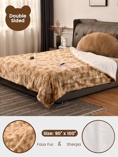Image of Bearhug Electric Blanket King Size with Dual Controls, 10 Heat Levels & 1-12H Auto Shut-Off, Fast Heating Soft Faux Fur to Sherpa Heated Blanket for Couples, Machine Washable, Champange