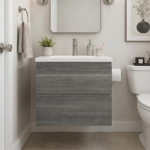 24 Inch Floating Bathroom Vanity with Sink, Gray Wall Mounted Vanity Cabinet with 2 Drawers, Ceramic Sink, Soft Close Slides for Small Bathroom, Powder Room
