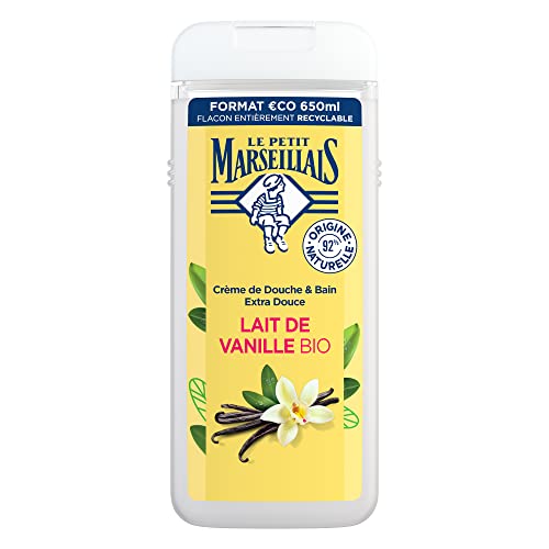 Le Petit Marseillais | Crème de Douche Extra Douce Lait de Vanille Bio (flacon de 650 ml) – Gel douche avec 92 % d'ingrédients d'origine naturelle – pH...