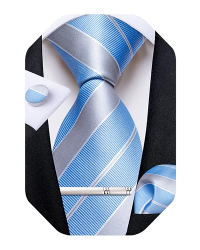 Image of DiBanGu Mens Striped Tie Silk Woven Necktie and Pocket Square Cufflinks Tie Clip Set Wedding Business Formal Gift Tie for Men