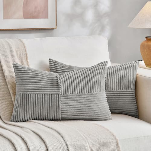 Image of Fancy Homi 2 Packs Grey Lumbar Decorative Throw Pillow Covers 16x26 Inch for Living Room Couch Bed, Rustic Farmhouse Boho Home Decor, Soft Striped Corduroy Rectangle Accent Cushion Case 65x40 cm