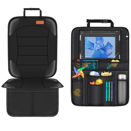 Image of Siivton 2-in-1 Car Seat Protector & Kick Mat with iPad Holder - Kids Backseat Organizer with Touchscreen Pocket, Storage Pockets & Waterproof Cover for Child Safety and Mess-Free Rides