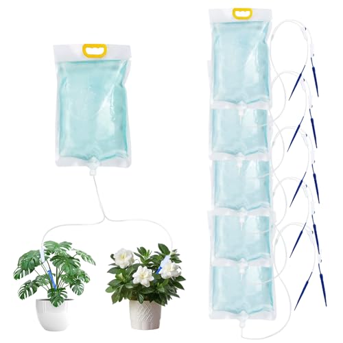 Moorstdel 5 Stück 3,5L Pflanzen Automatische Bewässerung Tropfbewässerungsbeutel, Ein Schlauch mit zwei Auslässen，Bewässerungssystem mit einstellbarem Durchfluss, Geeignet für Topfpflanzen