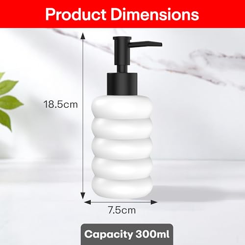 Image of Rioware Ceramic Soap Dispenser Hand Wash Bottles for Basin | Multipurpose Refillable for Liquid Shampoo, Kitchen, Bathroom, and Household Use | 300Ml, Pack of 1 - Round White