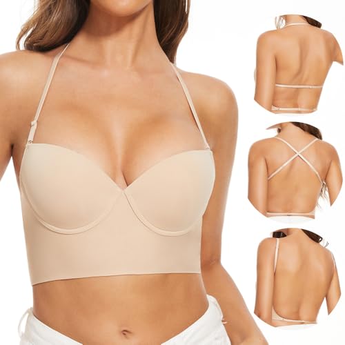 Low Back Bras for Women-Seamless Lightly Lined Invisible Backless Bra-Underwire Plunge Open Back...