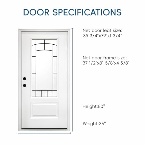 Image of 36 inch x 80 inch Fiberglass Exterior Front Door, Left-Hand Inswing, Exterior Doors for Home Entry with Frosted Glass for Privacy, LVL Stile Construction, Knock-Down Kit with Brickmould, Decorative Glass