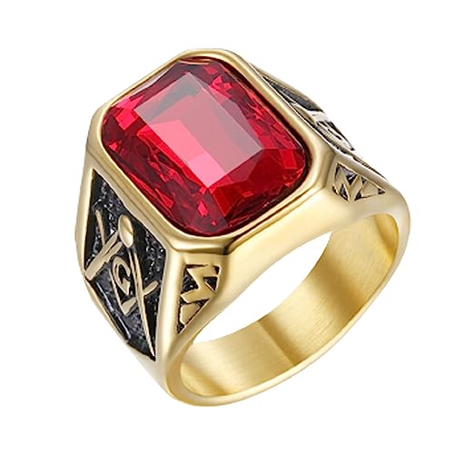 Silver Garnet Ring - Men's Sterling Silver Gold Plated Masonic Ring with Ruby Gemstone - Size 4 to 16