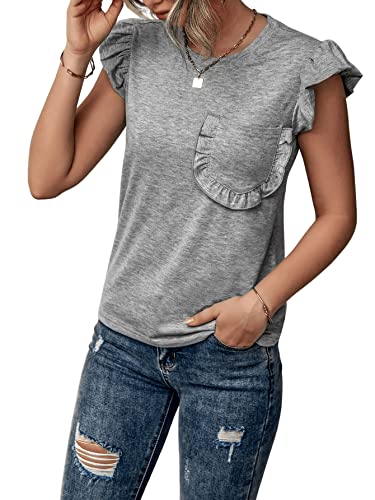 Verdusa Women's Ruffle Trim Cap Sleeve Pocket Front Tee T Shirt Top Grey M #TOP3