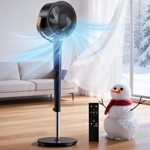 Image of AKIRES Pedestal Fan for Bedroom,120+120Omnidirectional Oscillating Standing Fan,Quiet Floor Fan with DC Motor,16 Speeds,4 Modes Circulator with Remote,12H Timer,38-46 inch Adjustable Height,Black