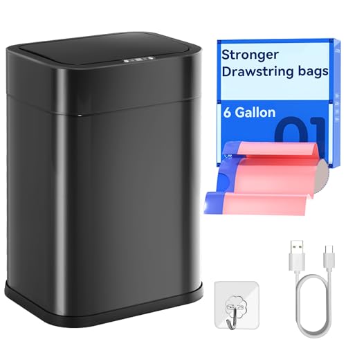 FRESHLIX Kitchen Trash Can Automatic Touchless with 360° Motion Sensor & Silent Close Lid 6 Gallon Stainless Steel Auto-Adsorption Smart Bathroom Garbage Cans with Pre-Cut Drawstring Bags