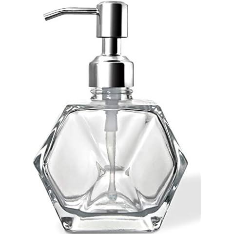 Modern Geometric Shape Clear Glass Soap Dispenser, Lotion Dispenser Bottle with Rust Proof Stainless Steel Pump for Kitchen, Bathroom Accessory, Countertop, Great for Soap, Lotions and Body Oil. Cover