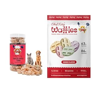 Chef Kitty Freeze Dried Tuna Treats for Cats and Dogs 1.75 oz + Training Waffle Treats – Healthy, Tasty, Dry Food for Indoor Cats, Kittens, Dogs – Inspected & Tested in USA