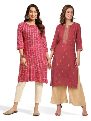 Image of rangita Women's Rayon Regular Fit Straight Kurti | Kurta (Pack of 2)