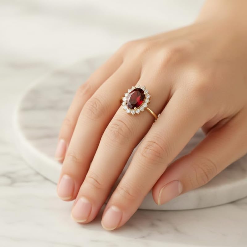 Women’s 14K Yellow Gold Plated Oval Garnet Halo Engagement Ring with CZ Diamond Accents Ring Handmade Jewelry GMR106