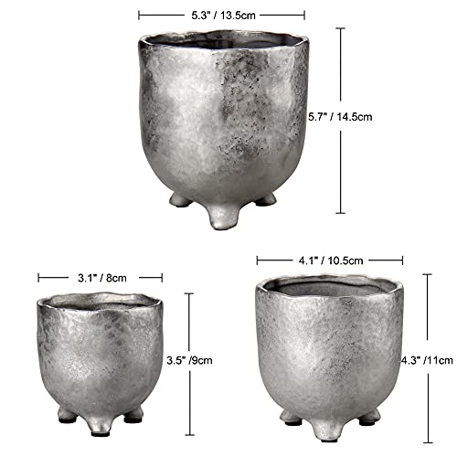 Ceramic Planters For Indoor Planters Silver Small Ceramic Pots For Plants 3.1"+4.1"+5.3" Succulent Pots Set Of 3 Vintage Plant Pots For Orchid, Snake Plants, Herb #TOP5