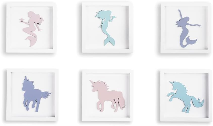 TideAndTales - Elegante decoración de pared 3D de sirena y unicornio, siluetas en colores pastel, decoración de sirena y unicornio enmarcado para