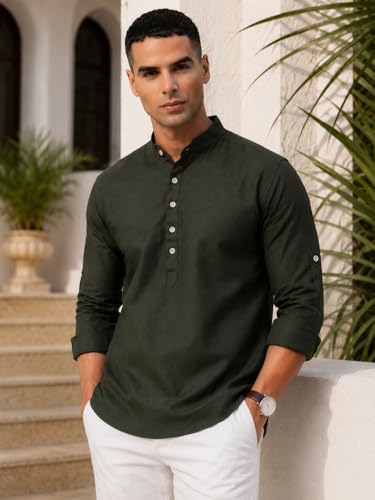 Image of Majestic Man Men's Pure Cotton Solid Mandarin Collar Slim Fit Roll-Up Sleeves Short Kurta Lightweight Summer Kurta for Daily & Occasion Use