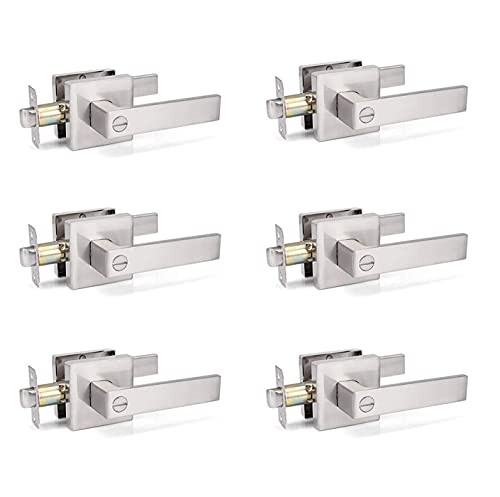 Stylever 6 Pack of Privacy Square Satin Nickel Door Handle Lever Sets - Left and Right Handed, Contemporary, Reversible, Keyless for Bedroom, Bathroom