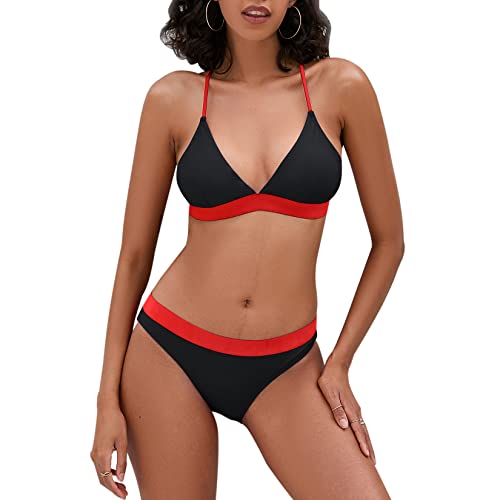 iSLASISIA Damen-Bikini-Badeanzug Criss Cross Back Triangle Bikini Tie Back Bikini Set Zweiteilige Badeanzüge (Schwarz & ...