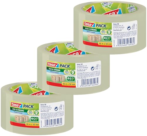 tesa tesapack Eco & Strong - Umweltschonendes Paketband aus 100% recyceltem Kunststoff, UV- und alterungsbeständig 66 m x 50 mm (transparent, 3 Rollen)