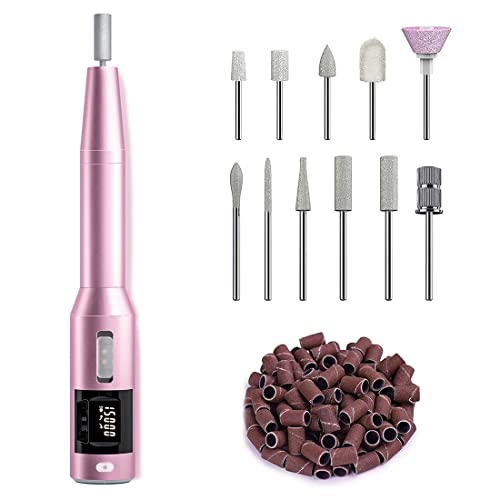 Nail Drill Set, Portable Electric Nail Drill Machine, Compact 15000 RPM, Screen Display, LED Auxiliary Light, Manicure Pedicure Polishing Shape Tools with 11Pcs Nail Drill Bits and 56Pcs Sanding Bands